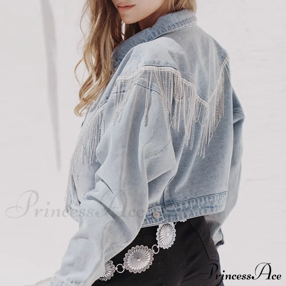Denim Turndown Collar Splice Rhinestone Tassel Long Sleeve Loose Button Woman Clothing Warm Chic Stylish Elegant Fashionable Versatile Jacket image 3