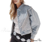 Denim Turndown Collar Splice Rhinestone Tassel Long Sleeve Loose Button Woman Clothing Warm Chic Stylish Elegant Fashionable Versatile Jacket image 4