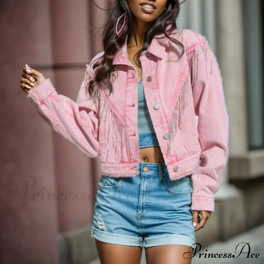 Denim Turndown Collar Splice Rhinestone Tassel Long Sleeve Loose Button Woman Clothing Warm Chic Stylish Elegant Fashionable Versatile Jacket image 5