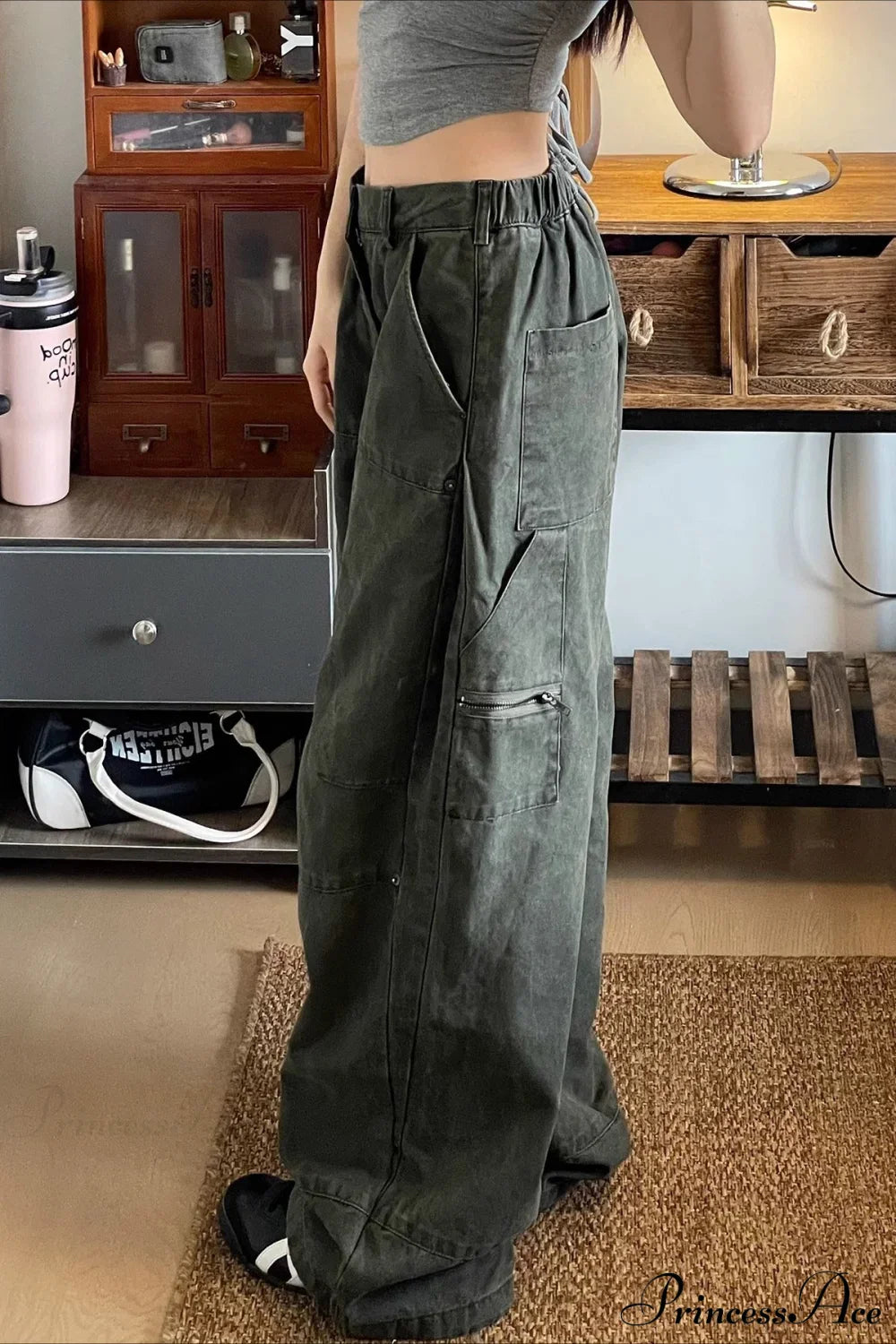 Denim Washed Distressed Loose Cargo Pants image 2