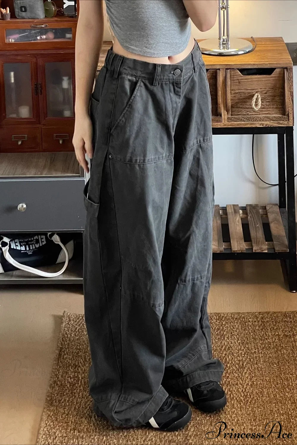 Denim Washed Distressed Loose Cargo Pants image 6