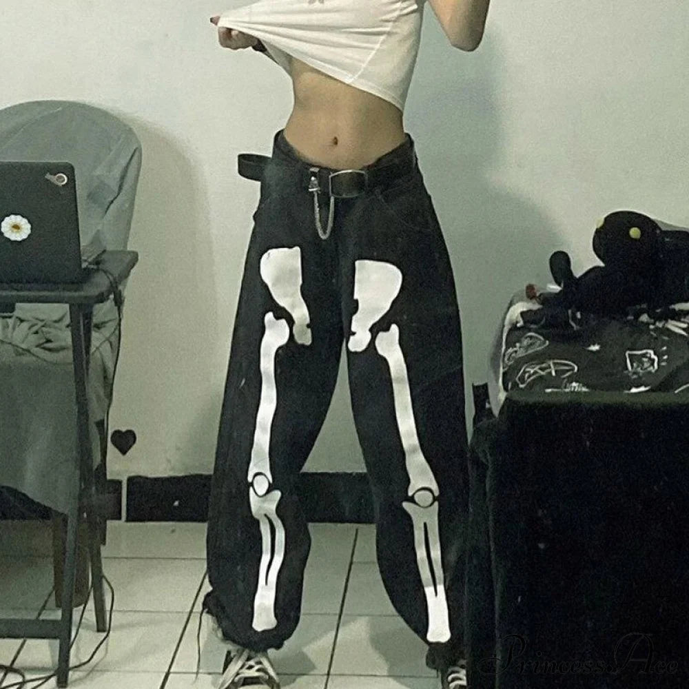 Design Baggy Waist Skeleton Streetwear Jeans Women's Vintage Low Casual Outfits image 5
