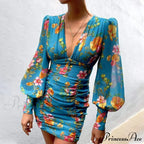 Design Party Bodycon Women's Neck Deep Warm-Season Flowered Gown Lantern Arm Ruched - V Dress image 3