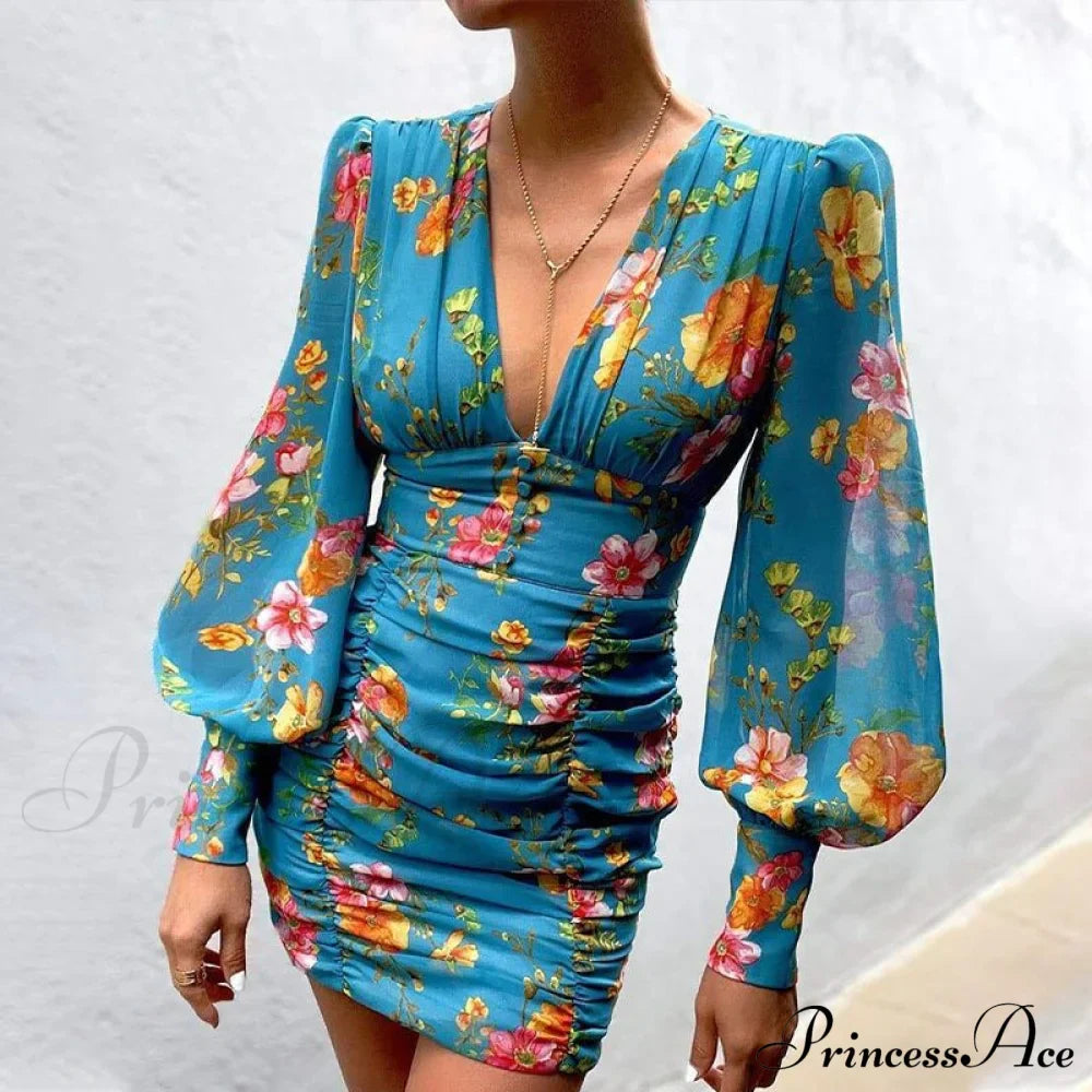 Design Party Bodycon Women's Neck Deep Warm-Season Flowered Gown Lantern Arm Ruched - V Dress image 3