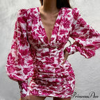 Design Party Bodycon Women's Neck Deep Warm-Season Flowered Gown Lantern Arm Ruched - V Dress image 1