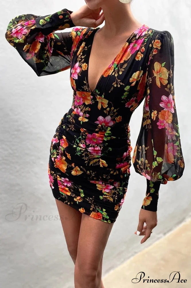 Design Party Bodycon Women's Neck Deep Warm-Season Flowered Gown Lantern Arm Ruched - V Dress image 4