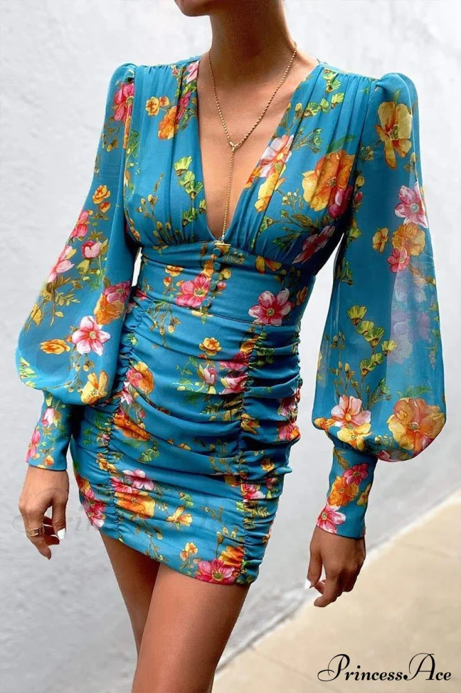 Design Party Bodycon Women's Neck Deep Warm-Season Flowered Gown Lantern Arm Ruched - V Dress image 7