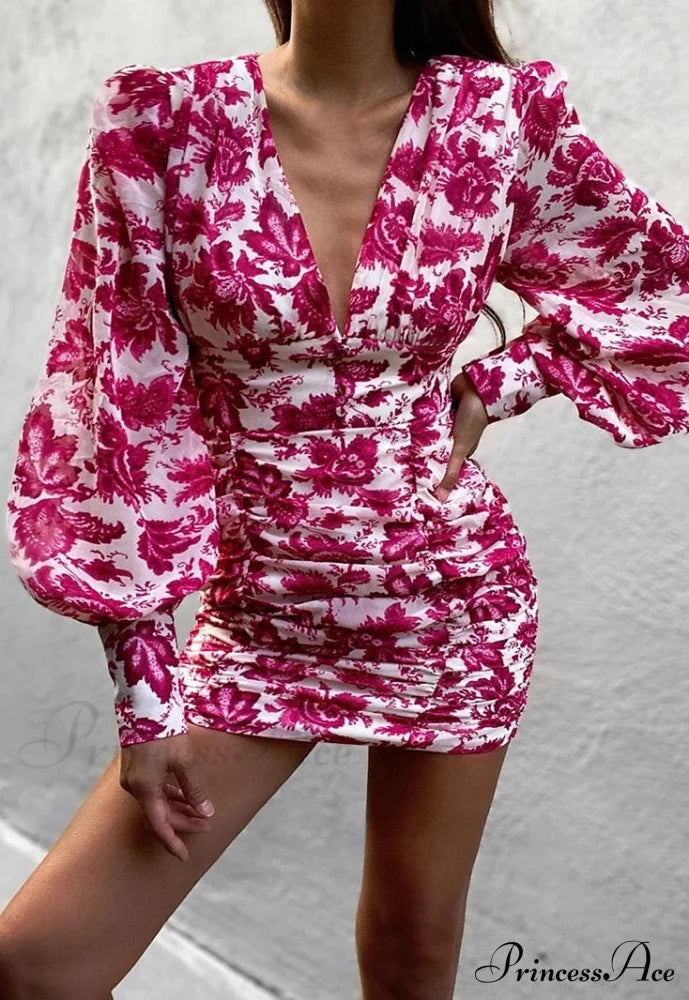 Design Party Bodycon Women's Neck Deep Warm-Season Flowered Gown Lantern Arm Ruched - V Dress image 10