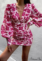 Design Party Bodycon Women's Neck Deep Warm-Season Flowered Gown Lantern Arm Ruched - V Dress image 10