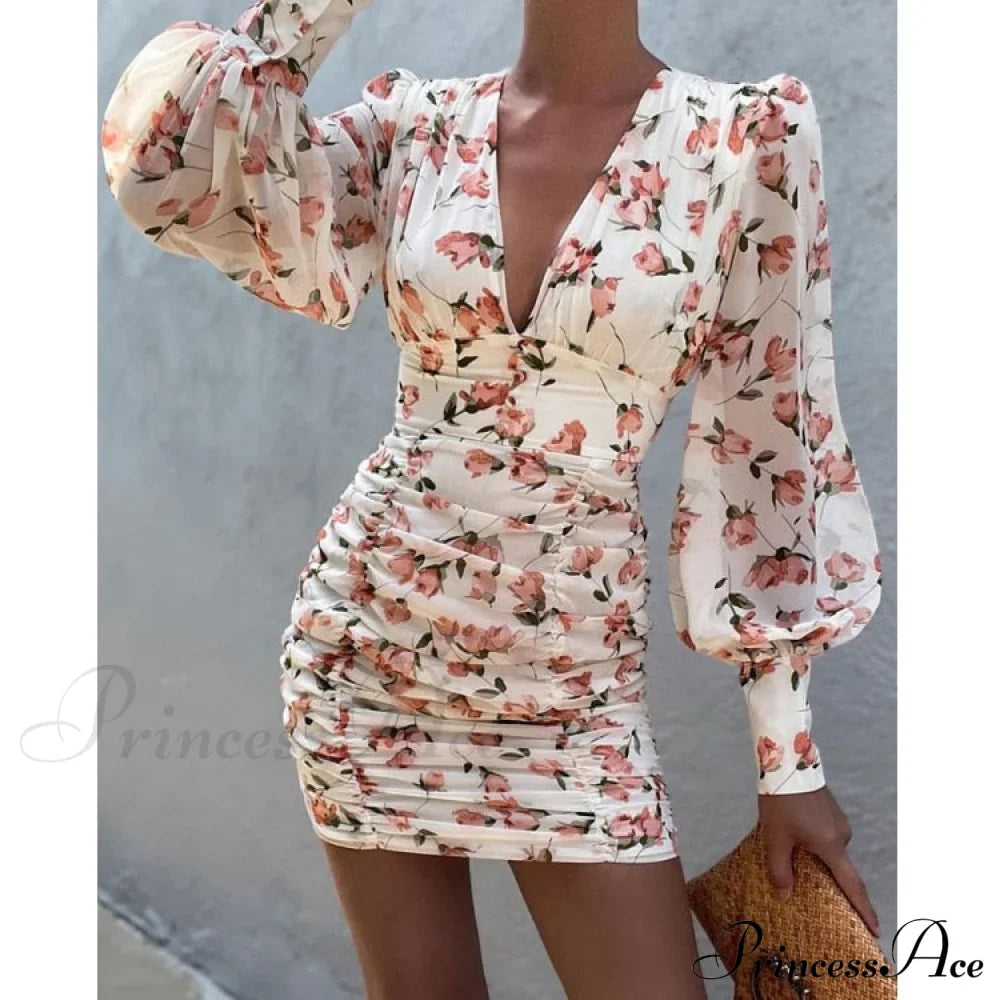 Design Party Bodycon Women's Neck Deep Warm-Season Flowered Gown Lantern Arm Ruched - V Dress image 11