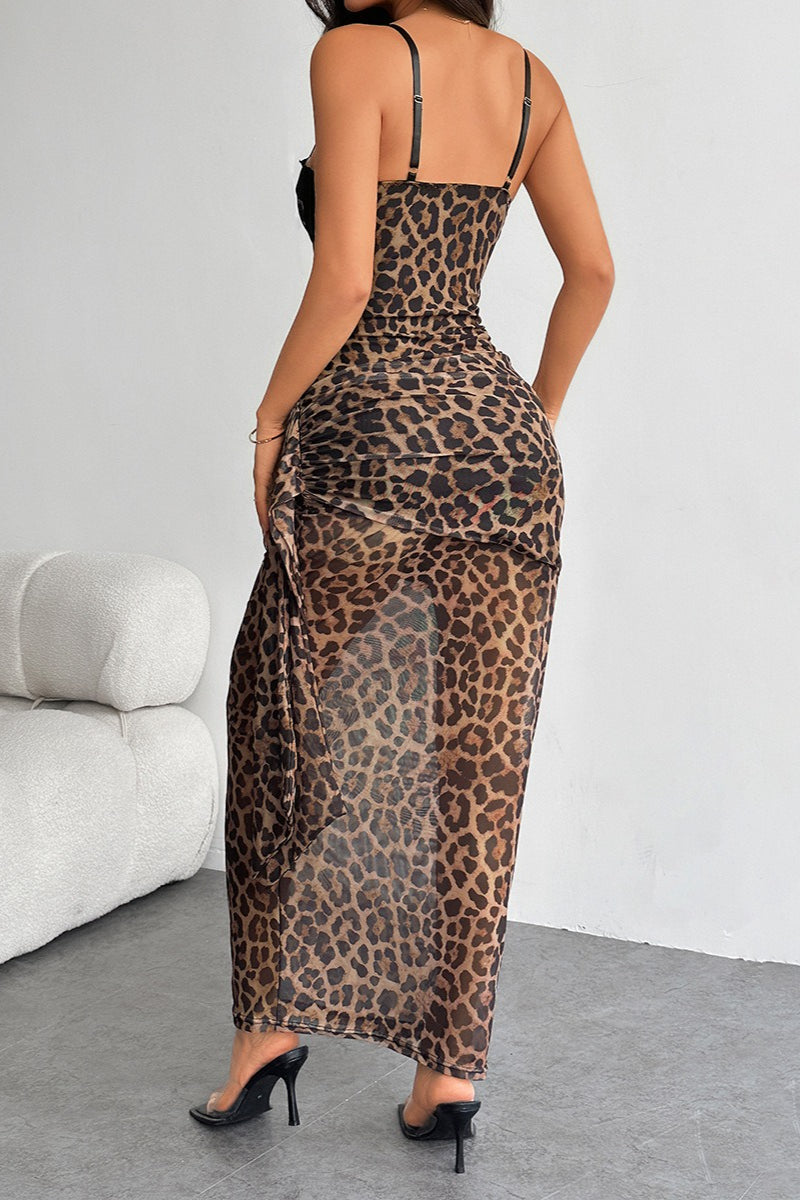 Sexy Leopard Print Lace Bodycon Maxi Dress image 4