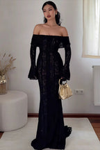 Off Shoulder Lace Flare Sleeve Fitted Train Elegant Maxi Dress image 13