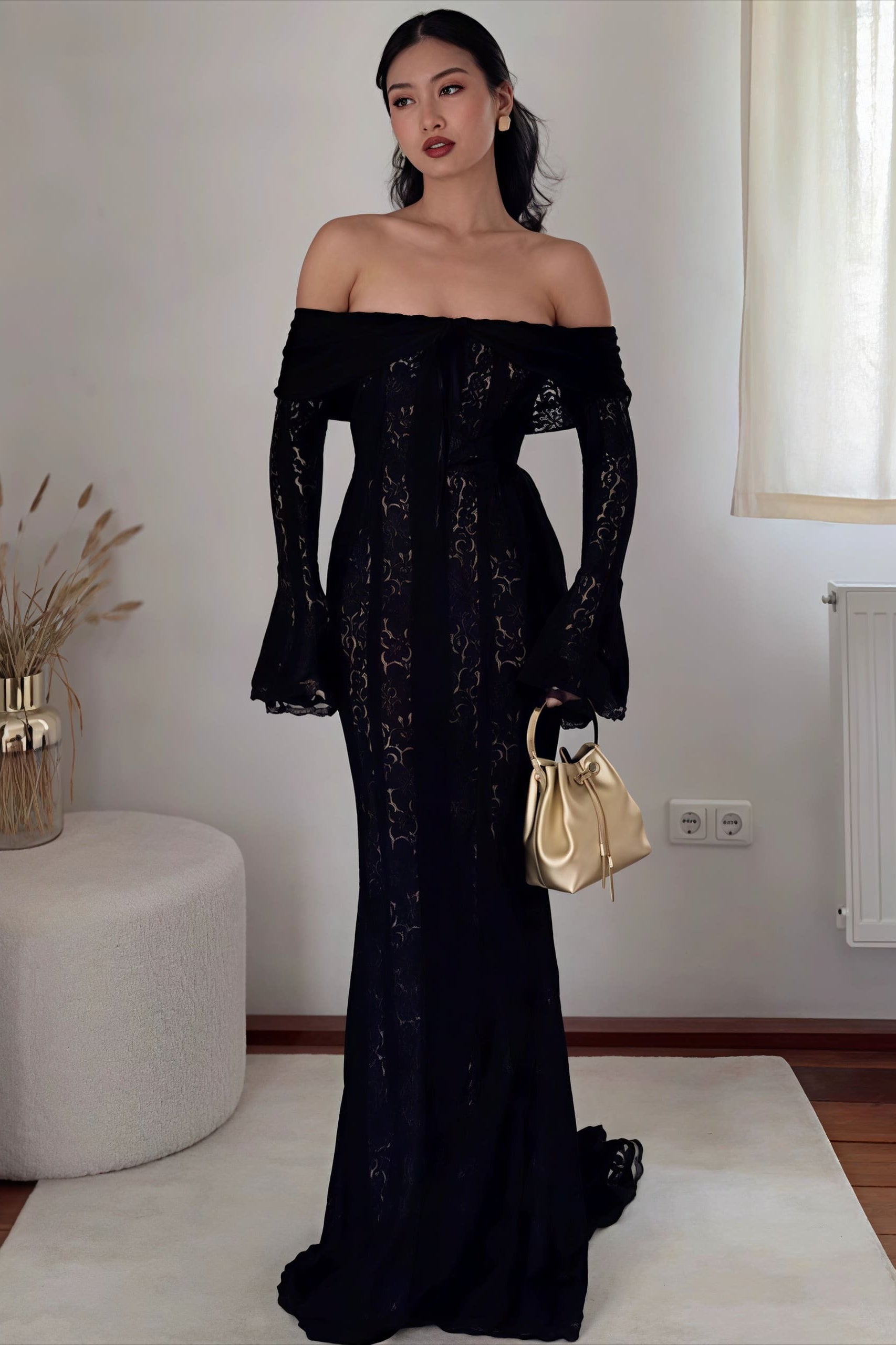 Off Shoulder Lace Flare Sleeve Fitted Train Elegant Maxi Dress image 13