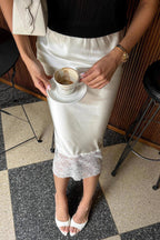 Solid Satin Lace Trim Bodycon Skirt image 3
