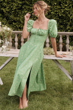 Tie Side Puff Sleeve Slit Floral Dress image 1