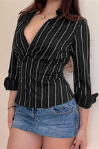 Woven Striped Collared Tie Waist Long Sleeve Blouse image 1