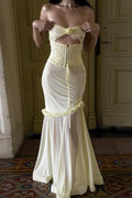 Solid Floral Patchwork Boned Tie Ruched Elegant Maxi Dress image 2