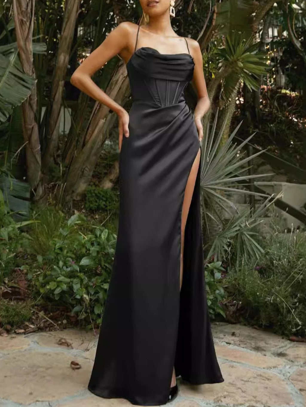 Aurelie Satin Maxi Dress detail view styled for Avrienne