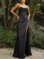 Aurelie Satin Maxi Dress detail view styled for Avrienne