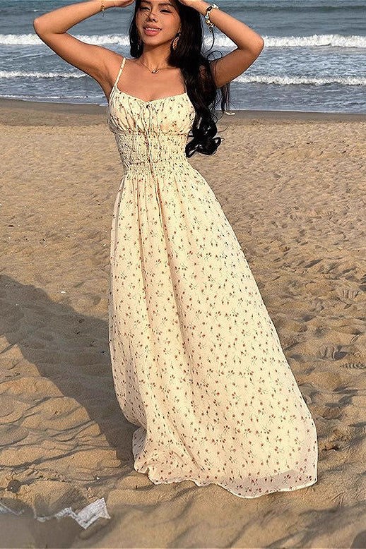 Sexy Smocked V Neck High Waist A Line Maxi Cami Floral Dress image 1