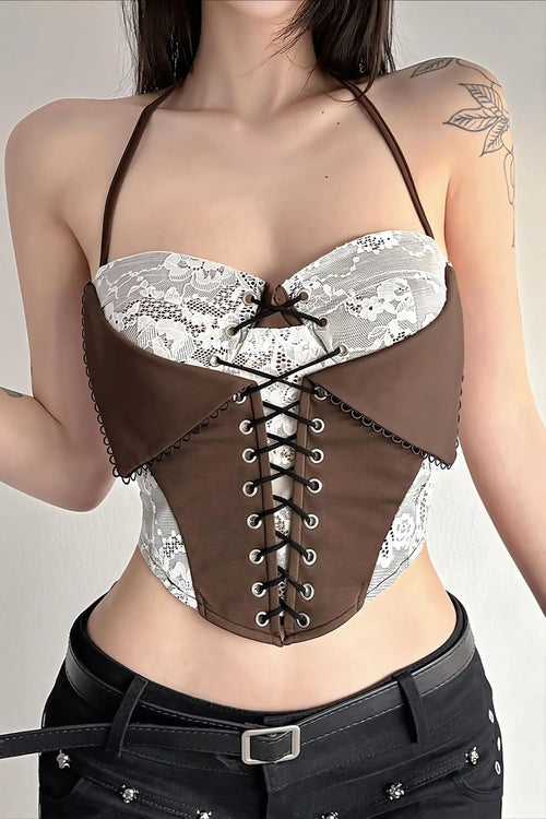 Chic Color Block Lace Insert Tie Waist Backless Halter Top image 1