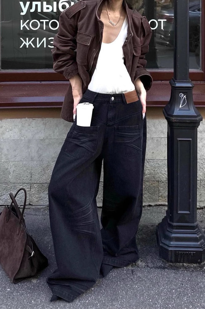 Vintage Washed Reverse Pocket Wide Leg Floor Jeans image 1