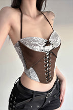 Chic Color Block Lace Insert Tie Waist Backless Halter Top image 2