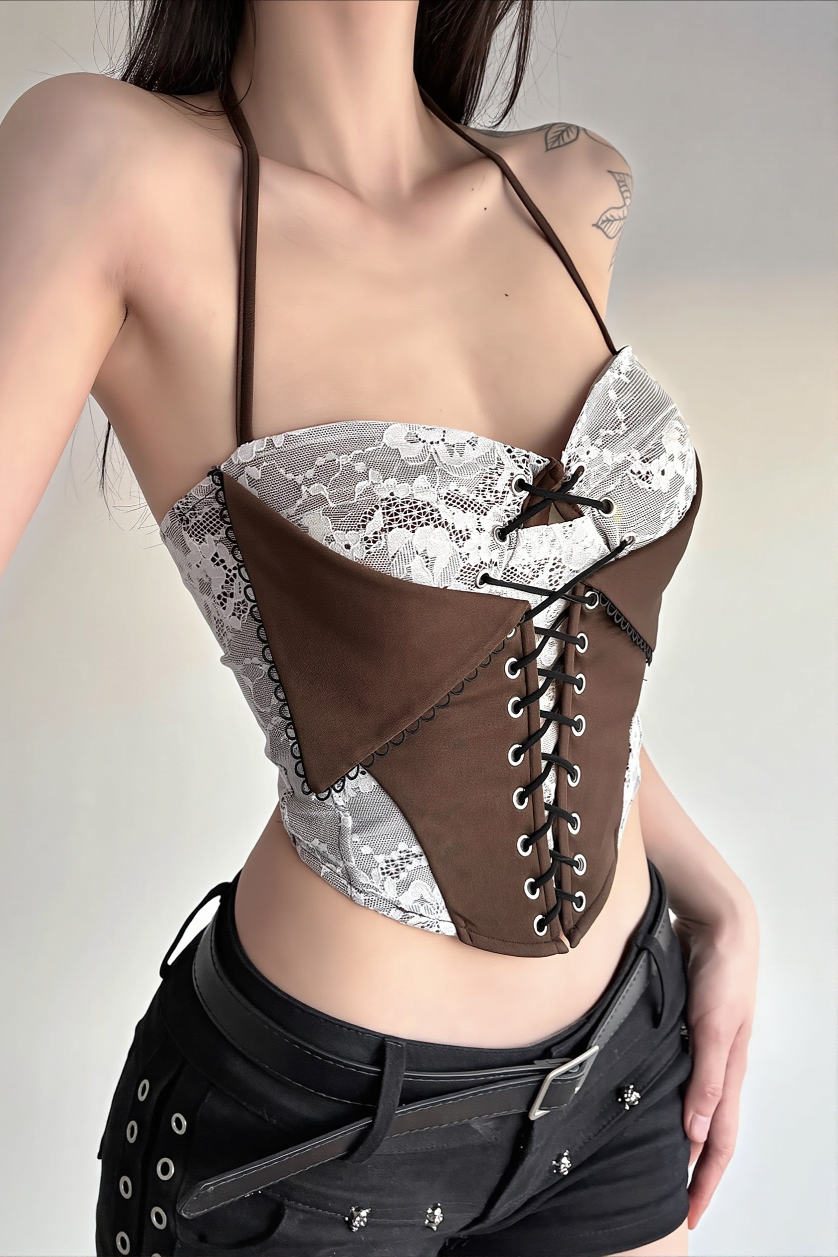 Chic Color Block Lace Insert Tie Waist Backless Halter Top image 2