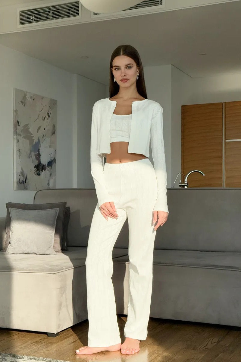 Knitted Cotton Jacquard Cropped Long Sleeve Three Piece Set image 8