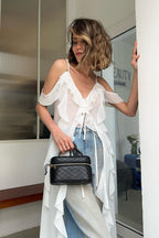 Tie V Neck A Line Ruffle Chiffon Cami Top image 1