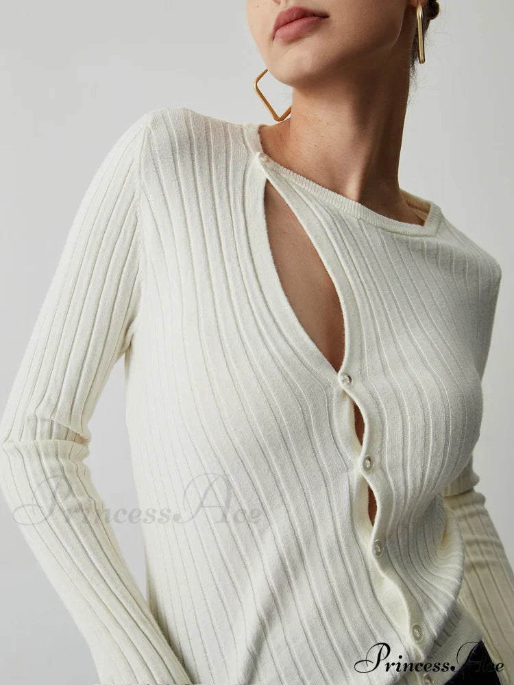 Diagonal Buttoned Rib Trendy Long Sleeve Top image 5