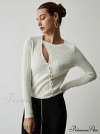 Diagonal Buttoned Rib Trendy Long Sleeve Top image 2