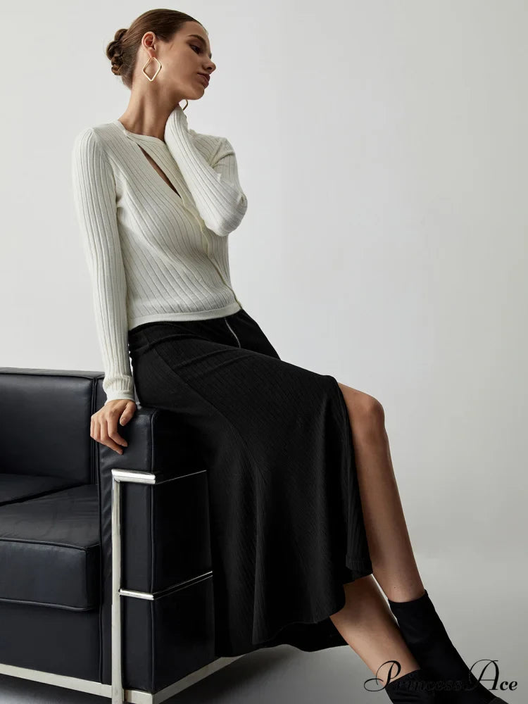 Diagonal Buttoned Rib Trendy Long Sleeve Top image 4