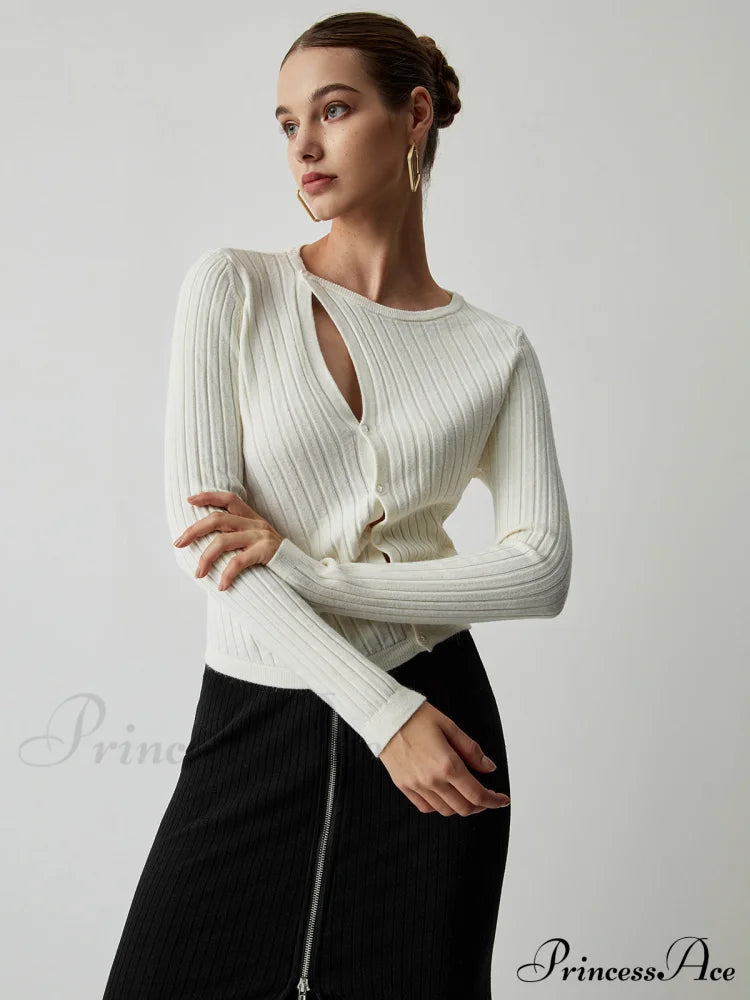 Diagonal Buttoned Rib Trendy Long Sleeve Top image 1