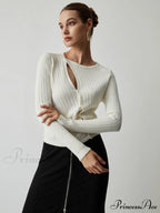Diagonal Buttoned Rib Trendy Long Sleeve Top image 1