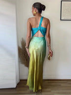 Diagonal Collar Gradient Vacation Dress image 2