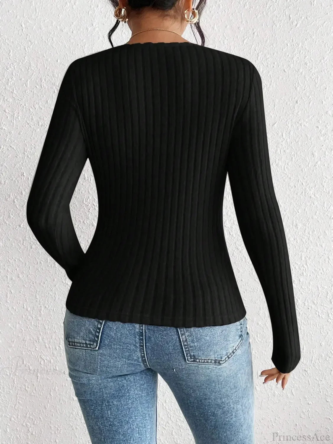 Diamond Collar Casual Knitted Long Sleeve T-shirt Women image 2