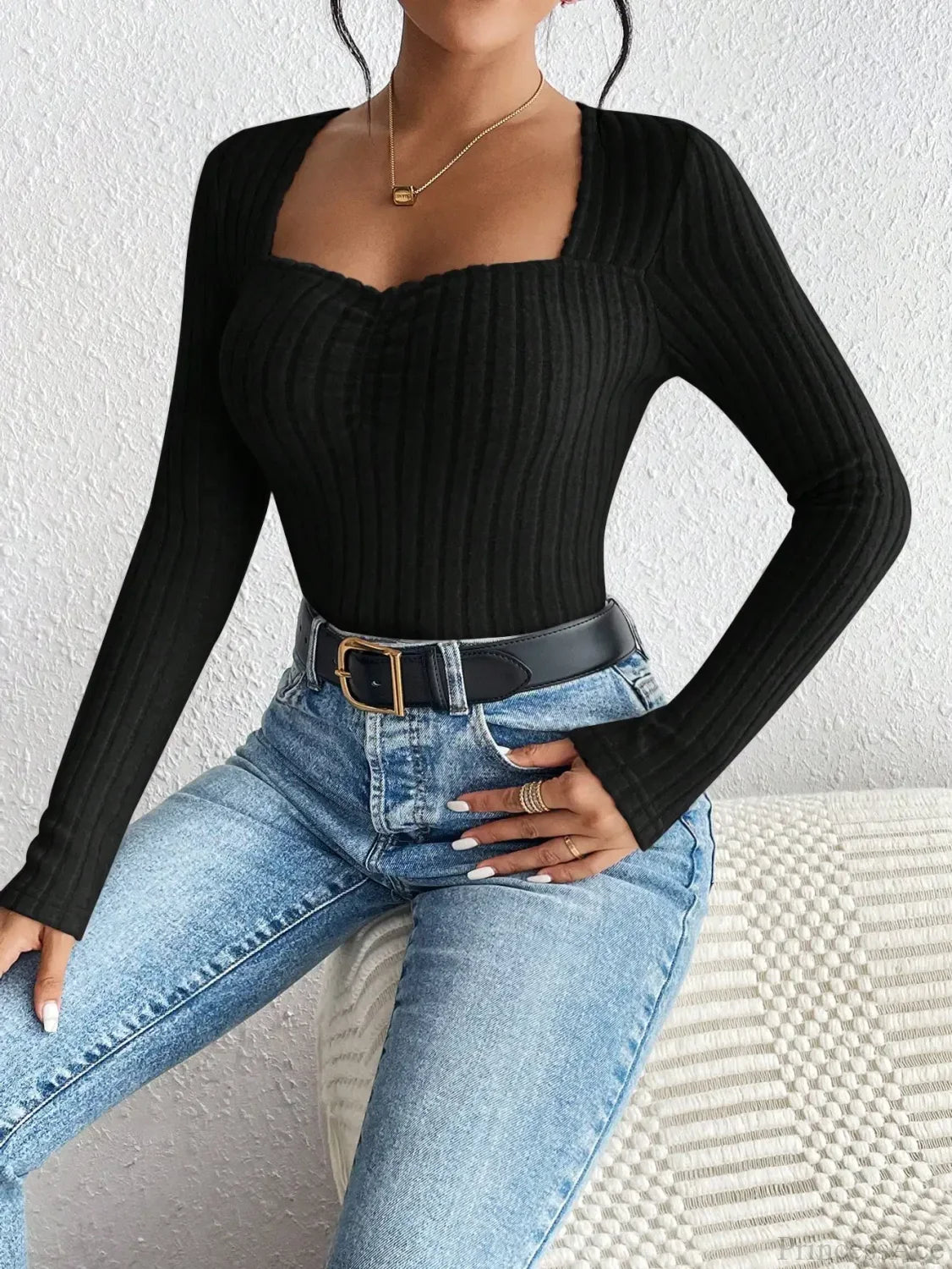 Diamond Collar Casual Knitted Long Sleeve T-shirt Women image 5