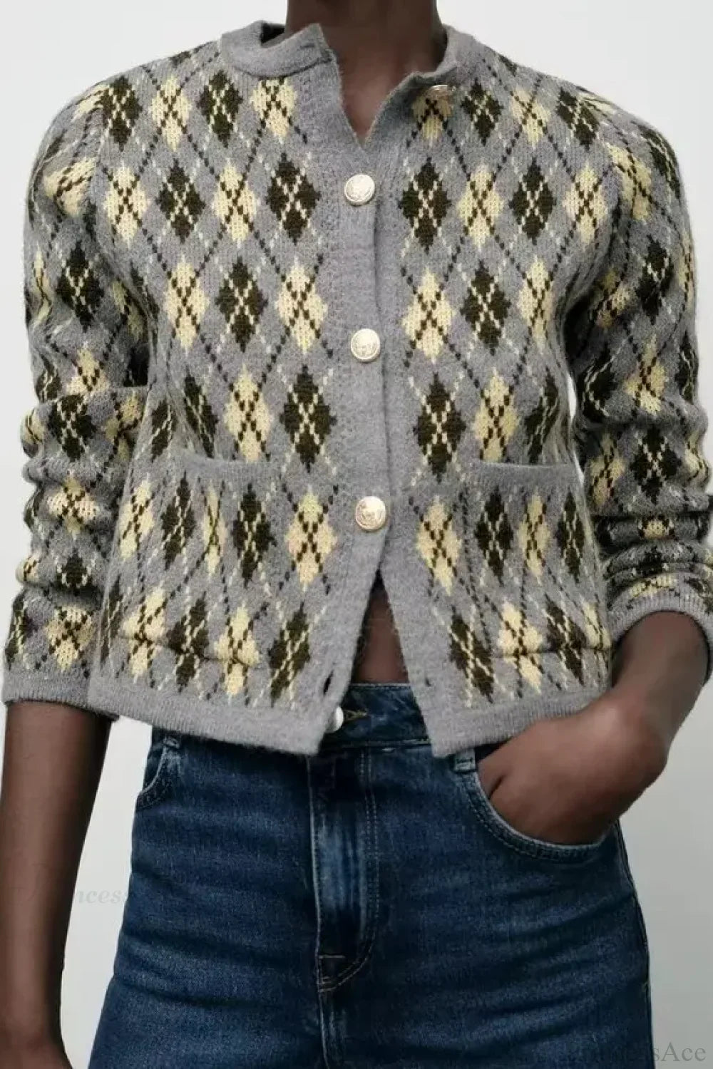 Diamond Pattern Round Neck Knitted Cardigan image 1