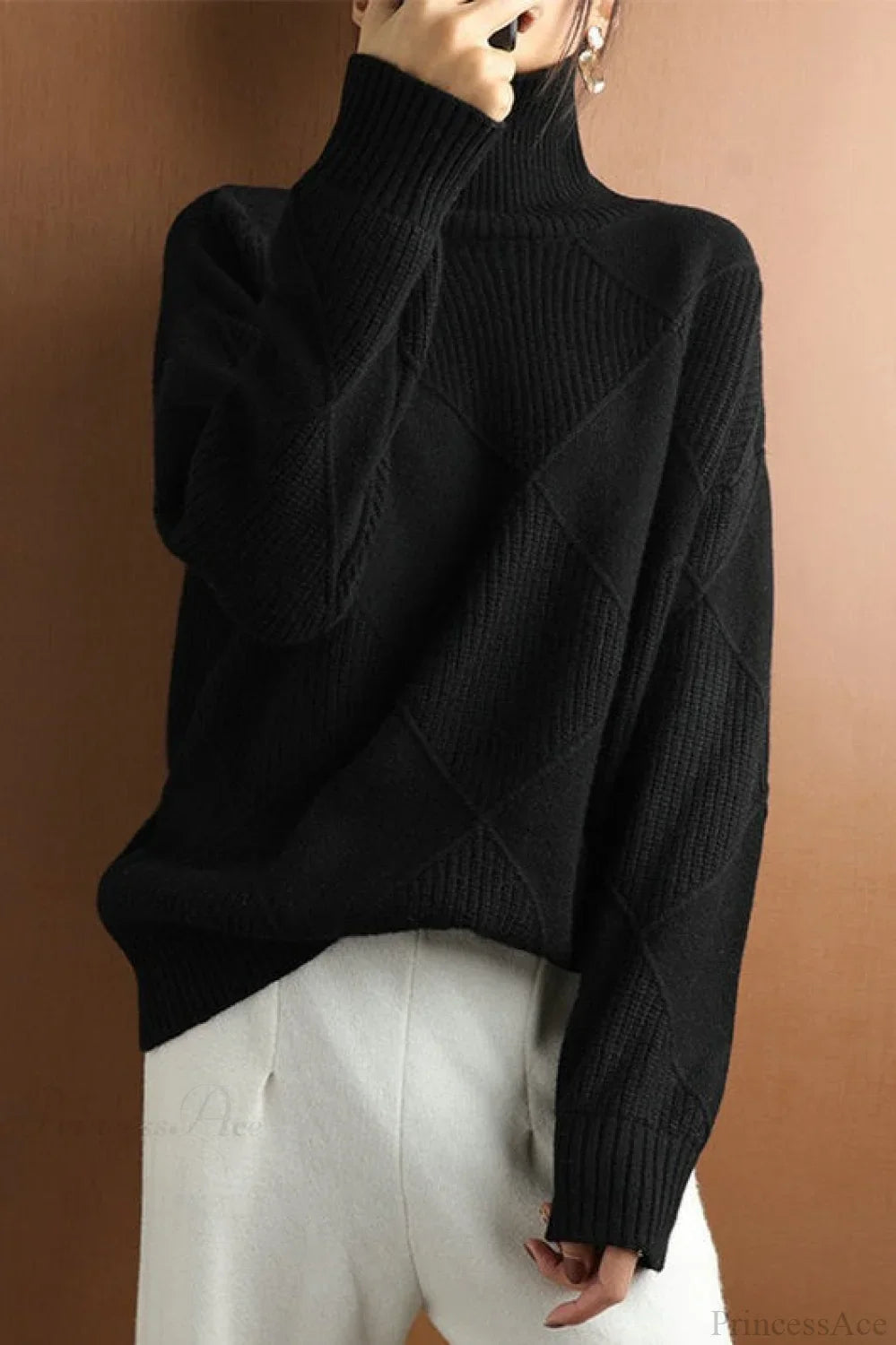 Diamond Pattern Turtleneck Loose Long-Sleeve Sweater image 12