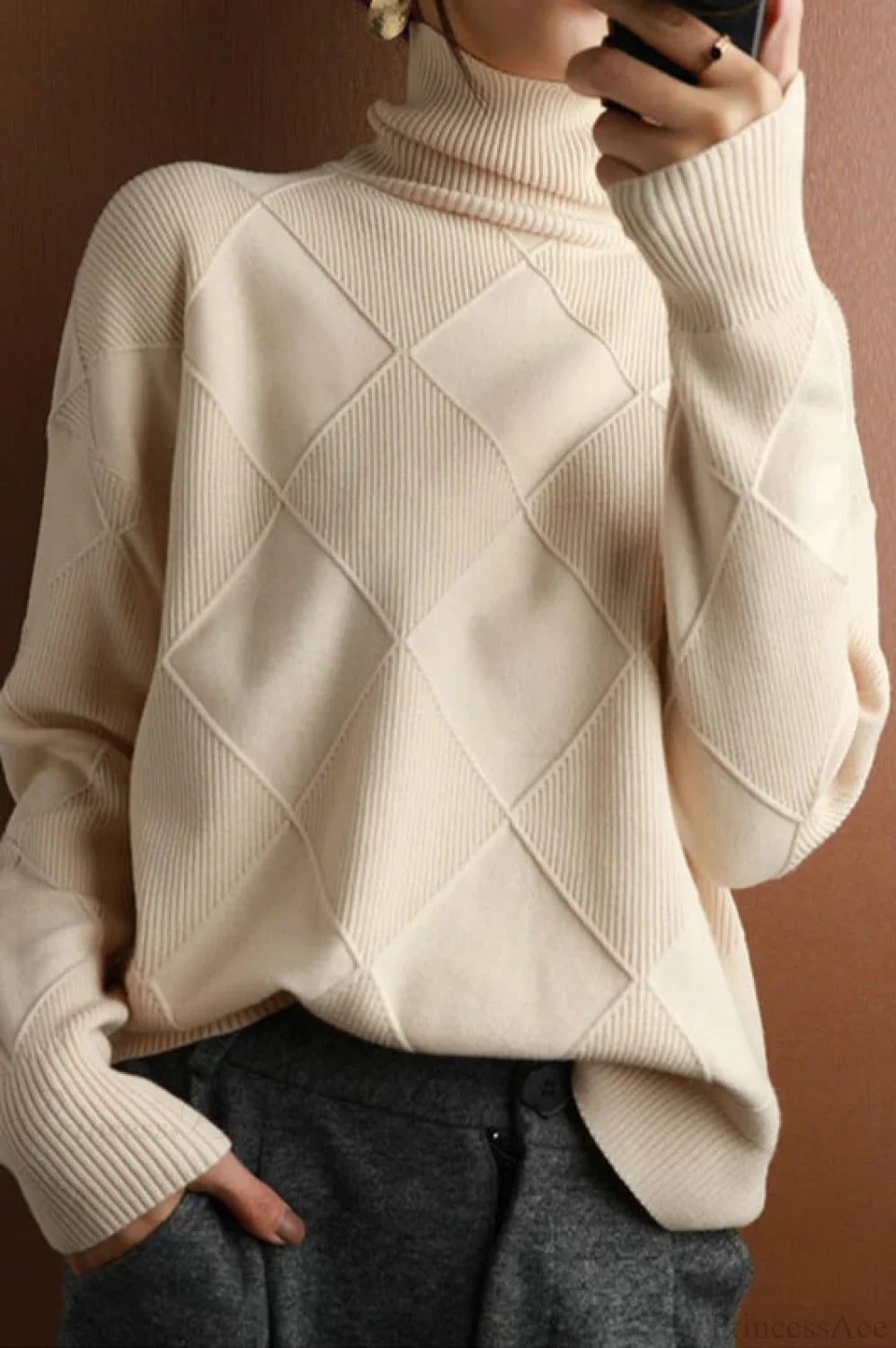 Diamond Pattern Turtleneck Loose Long-Sleeve Sweater image 10