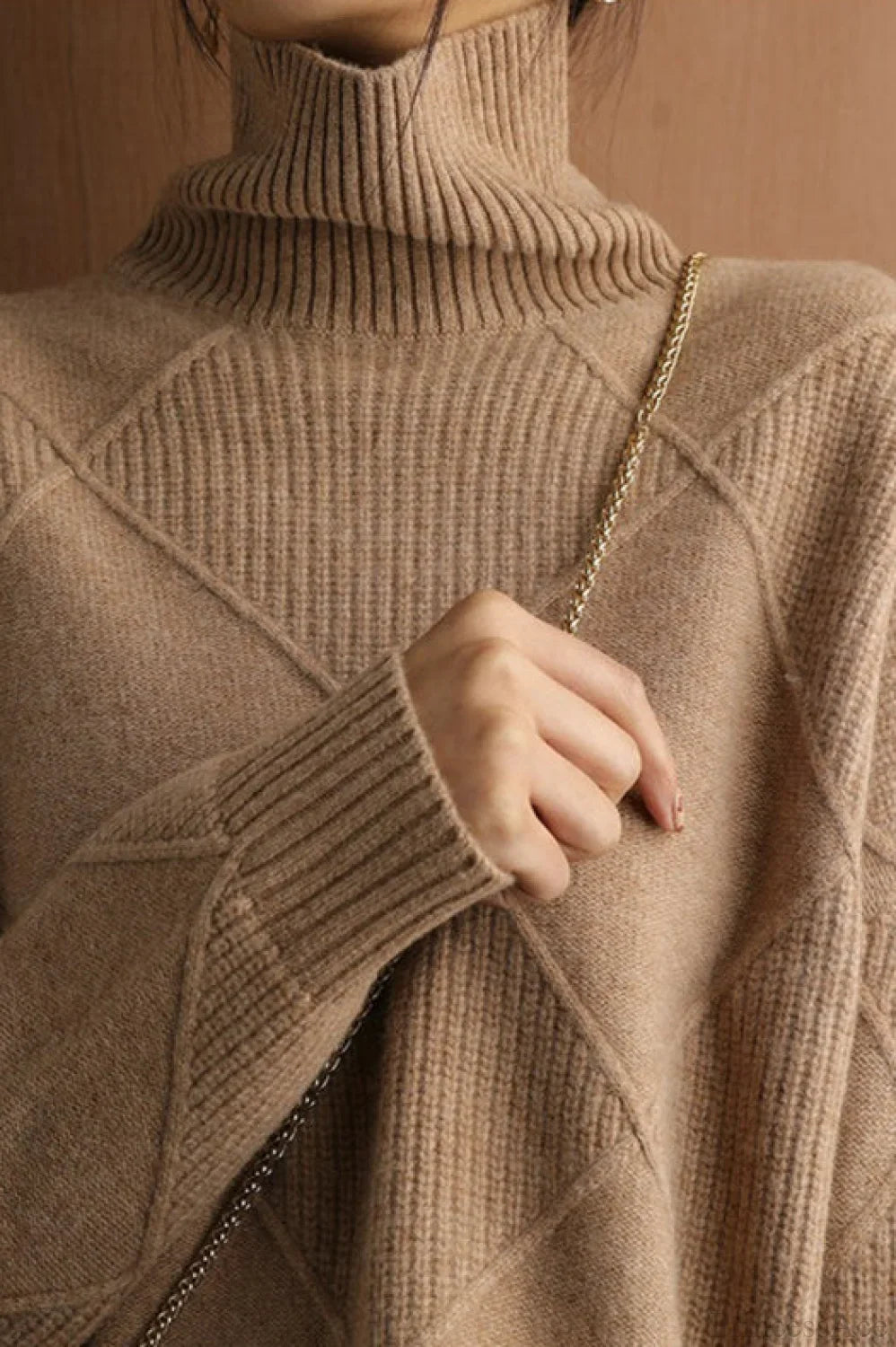 Diamond Pattern Turtleneck Loose Long-Sleeve Sweater image 4