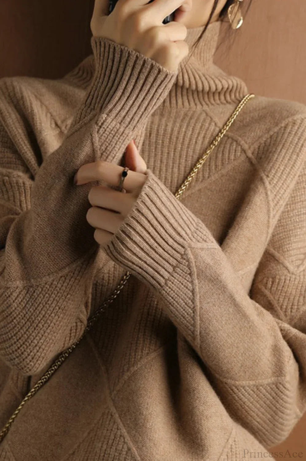 Diamond Pattern Turtleneck Loose Long-Sleeve Sweater image 3