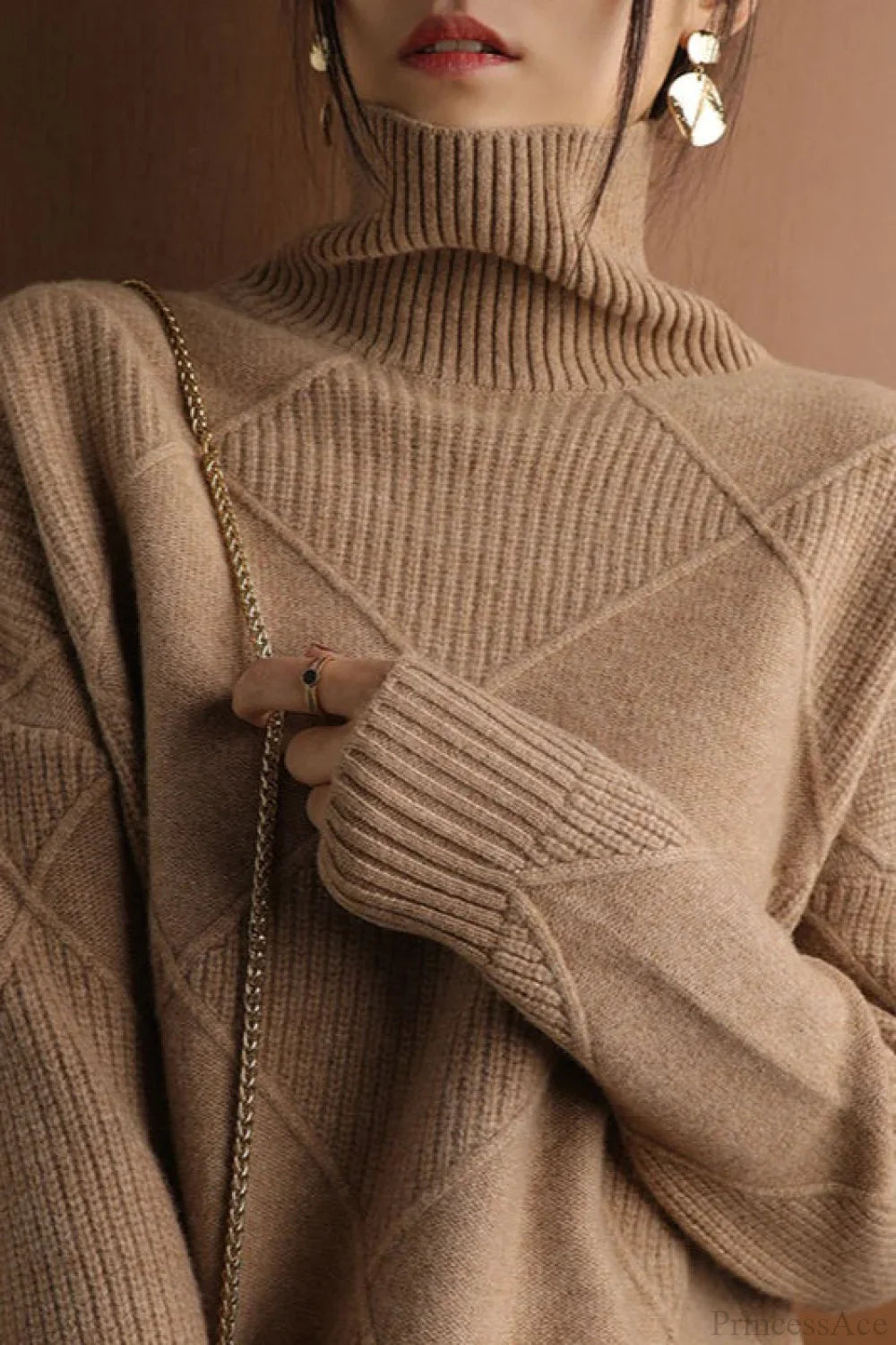 Diamond Pattern Turtleneck Loose Long-Sleeve Sweater image 1