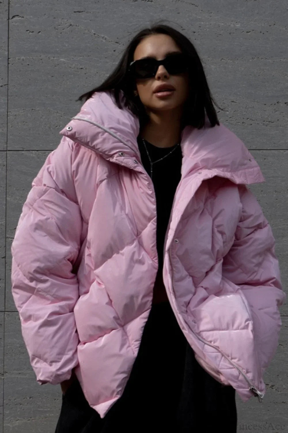 Diamond Quilted Matte Shiny Oversized Wide Lapel Coat image 5