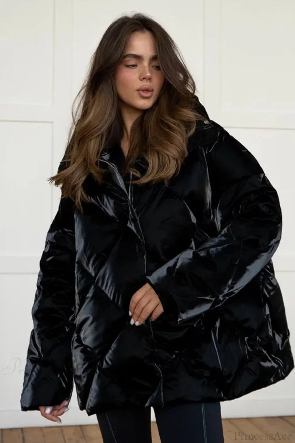 Diamond Quilted Matte Shiny Oversized Wide Lapel Coat image 10