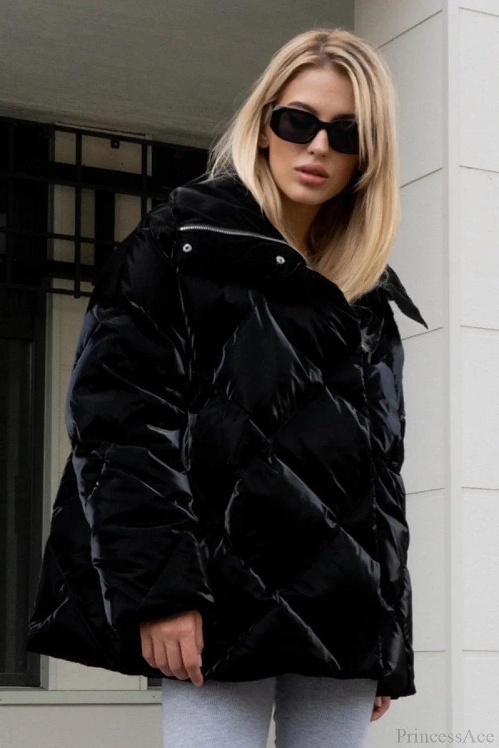 Diamond Quilted Matte Shiny Oversized Wide Lapel Coat image 11