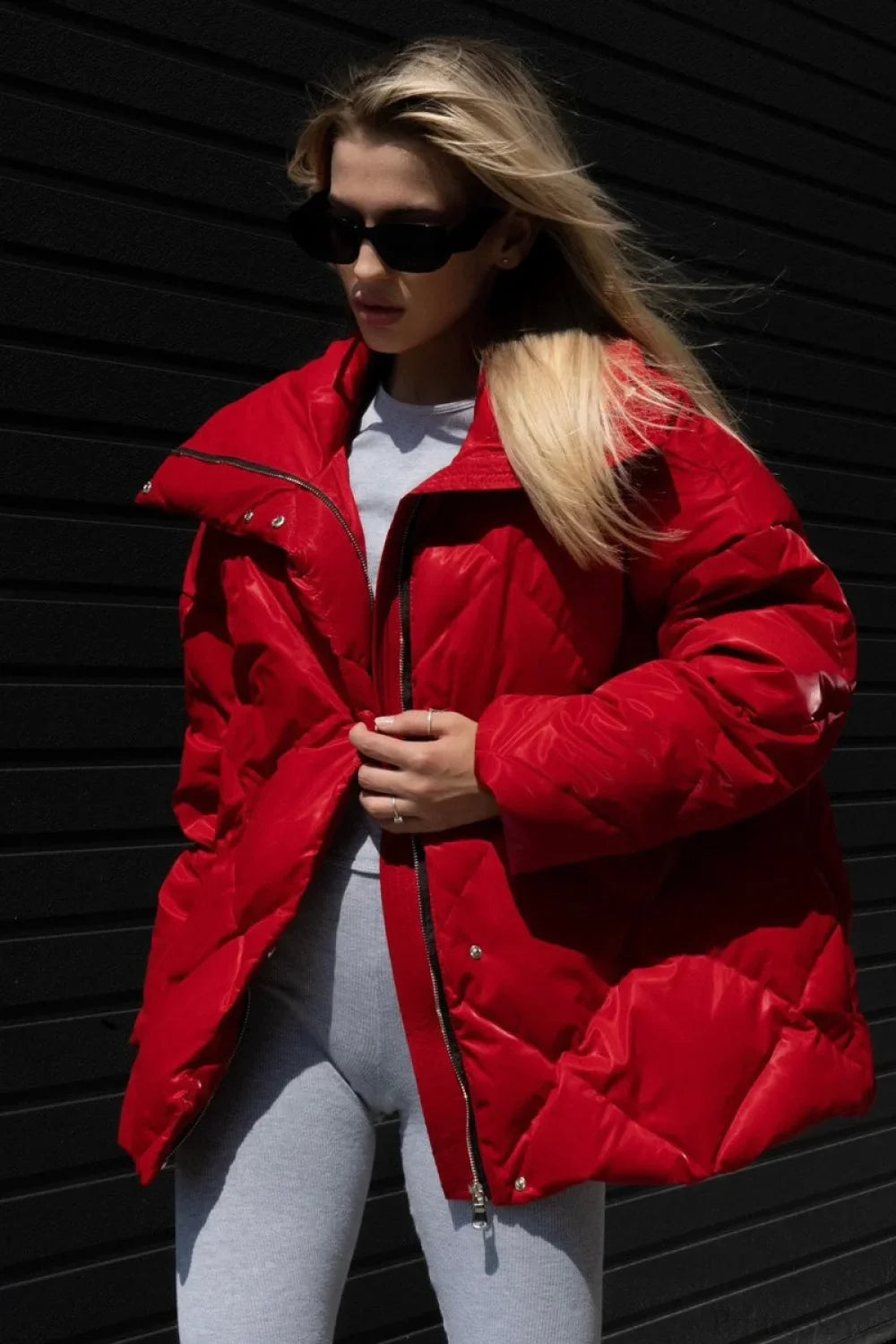 Diamond Quilted Matte Shiny Oversized Wide Lapel Coat image 8
