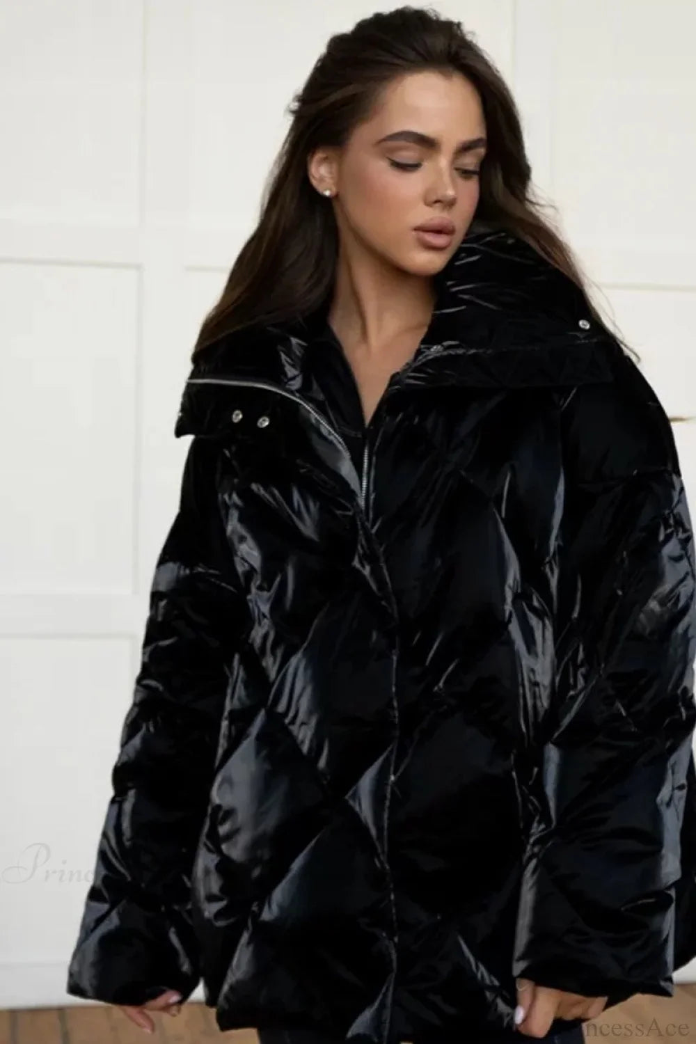 Diamond Quilted Matte Shiny Oversized Wide Lapel Coat image 12