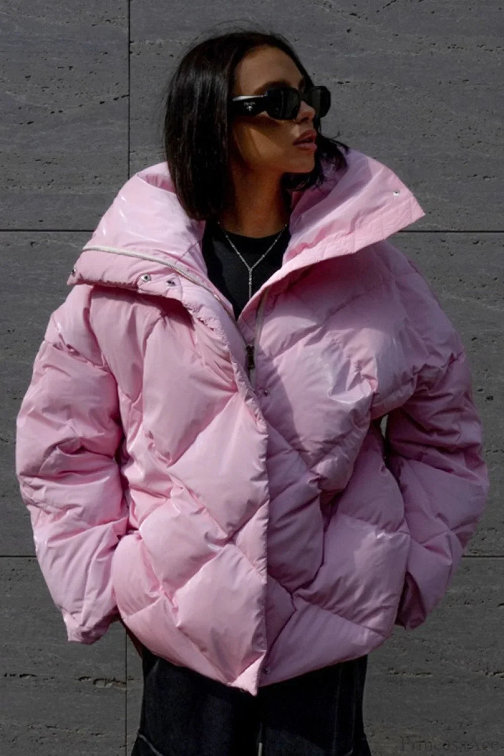 Diamond Quilted Matte Shiny Oversized Wide Lapel Coat image 1